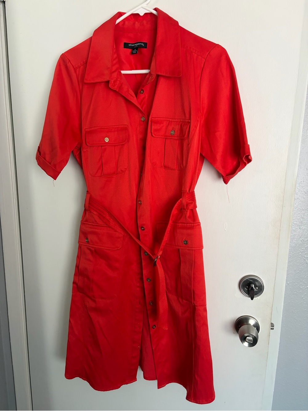 Sharagano Red Button-Front Midi Shirt Dress with Tie